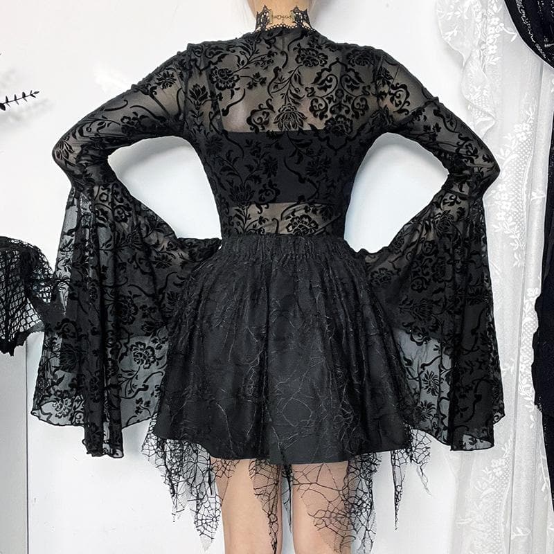 Long flared sleeve ruffle bowknot mesh see through bodysuit