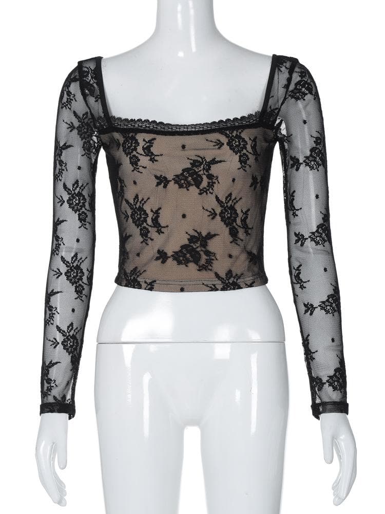 Long sleeve square neck lace patchwork top