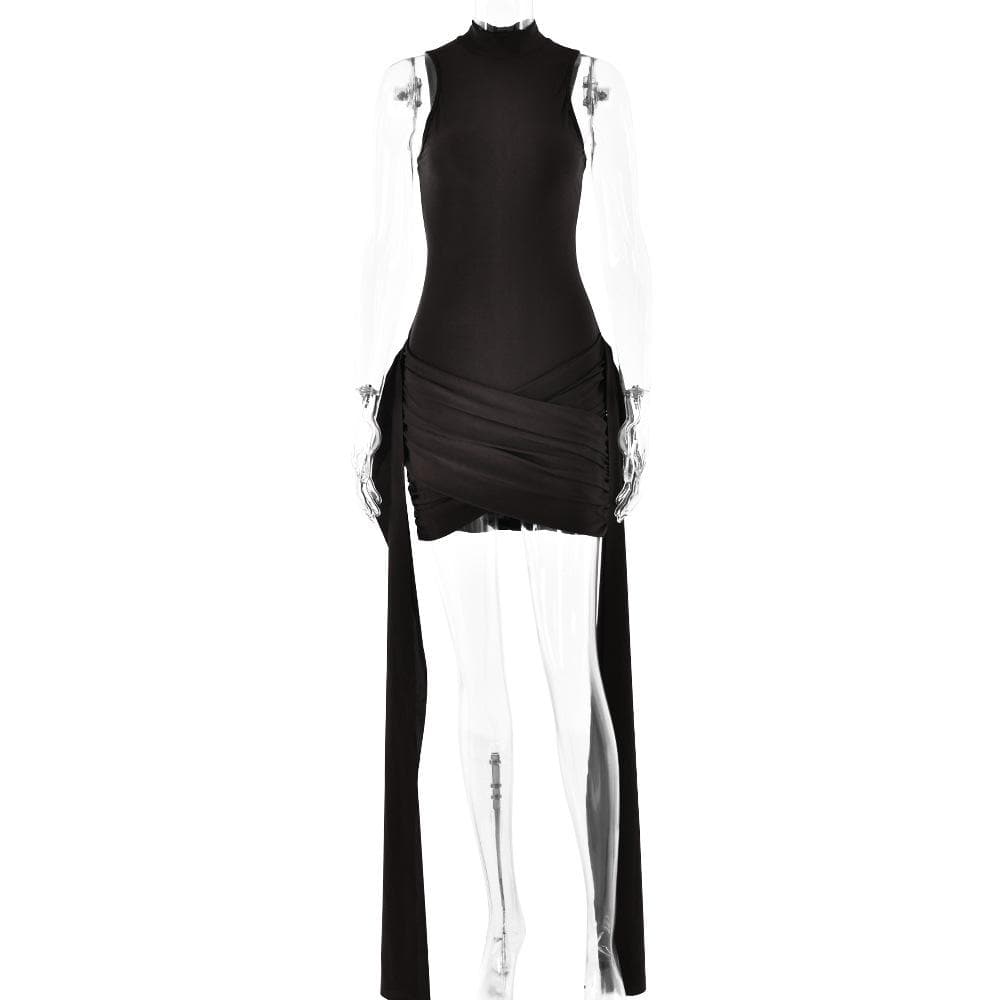 High neck ruffle ruched solid mini dress