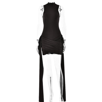 High neck ruffle ruched solid mini dress