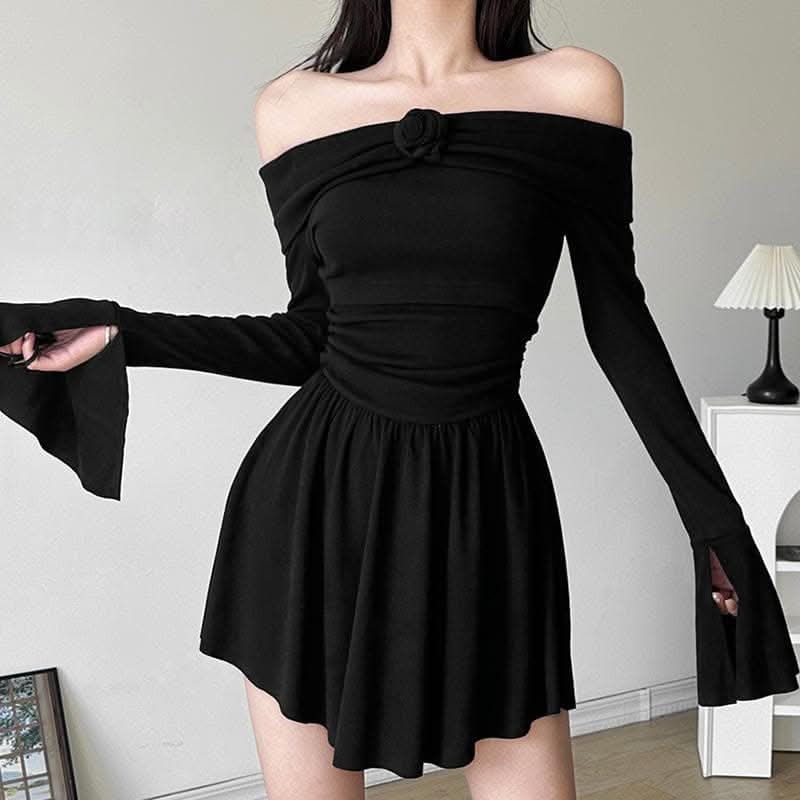 Flower applique off shoulder long flared sleeve slit mini dress-final-sale