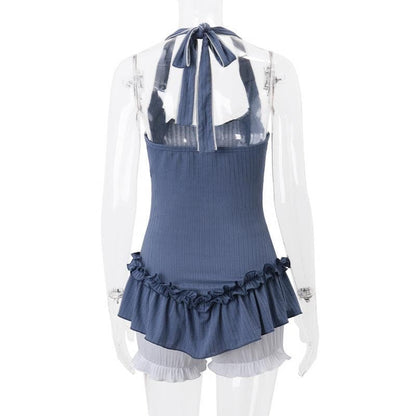 Halter “3” print ribbed ruffle lace hem pant set