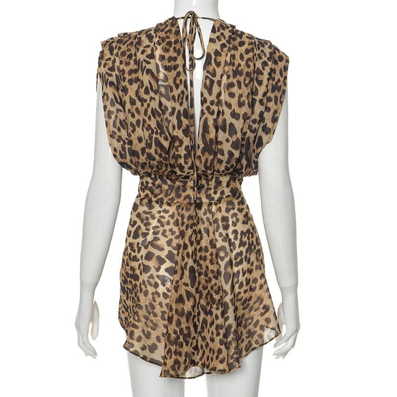 Halter deep v neck leopard print chiffon see through mini dress