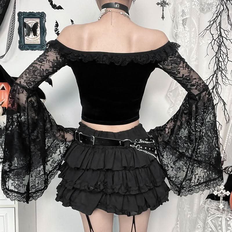 Long flared off shoulder lace cross applique top