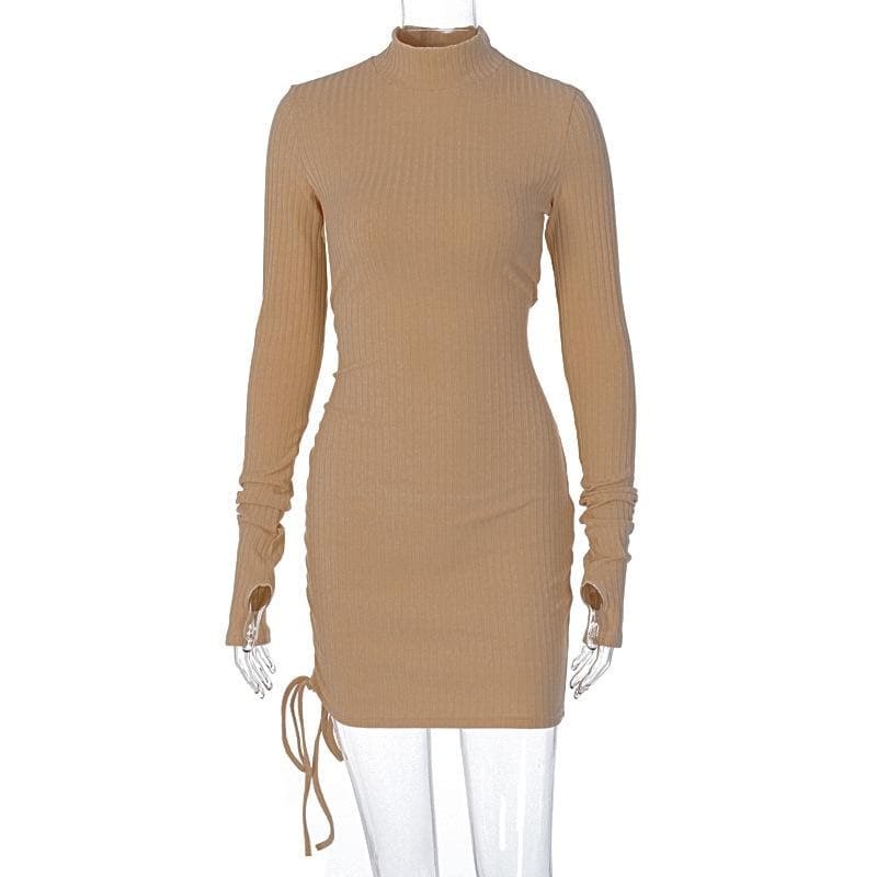 Long Sleeve High Neck Drawstring Ruched Ribbed Knit Mini Dress