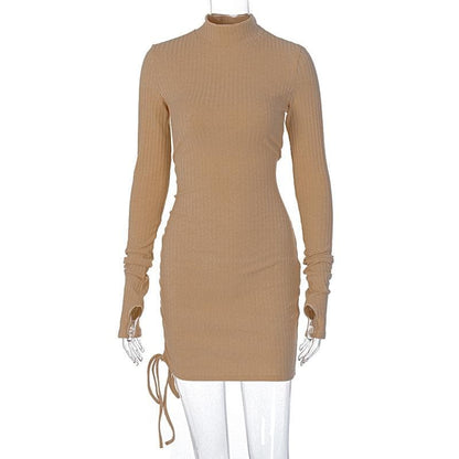 Long Sleeve High Neck Drawstring Ruched Ribbed Knit Mini Dress