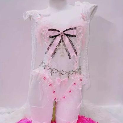 Bowknot lace hem padded v neck self tie mini skirt set