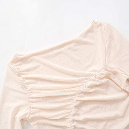 Long sleeve sheer mesh off shoulder ruched crop top
