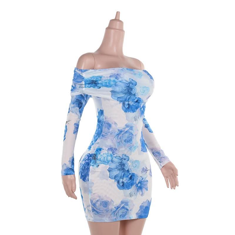 Off shoulder long sleeve flower print mesh mini dress