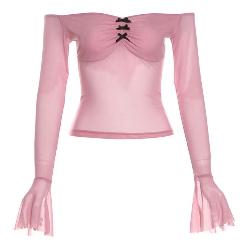 Bowknot long flared sleeve off shoulder mesh ruched top