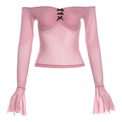Bowknot long flared sleeve off shoulder mesh ruched top