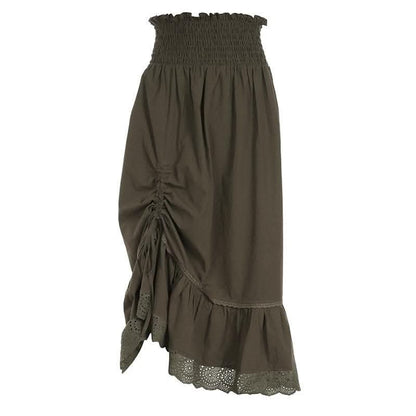 Drawstring solid lace hem smocked irregular midi skirt-final-sale