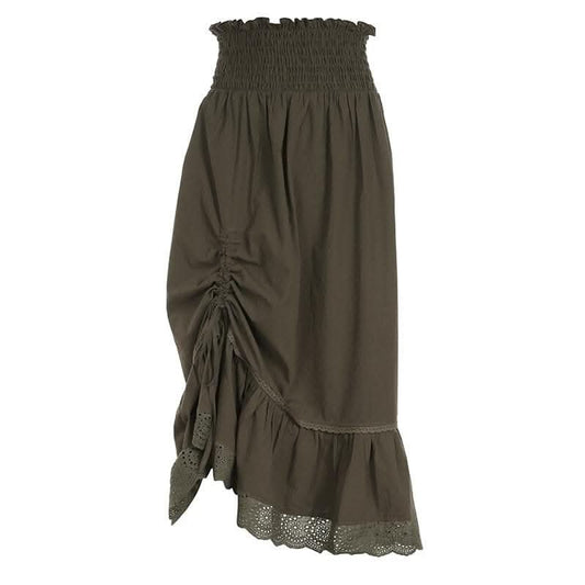 Drawstring solid lace hem smocked irregular midi skirt-final-sale