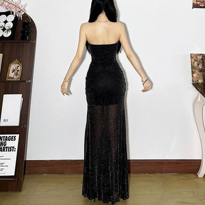 Sweetheart neck ruched mesh solid maxi dress