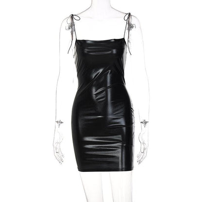 Metallic Tie Shoulder Square Neck Spaghetti Strap Bodycon Mini Dress