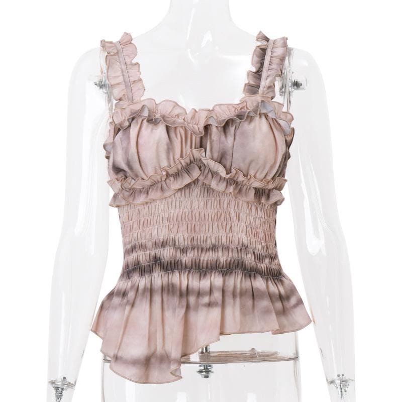 Ruffle tie dye smocked sweetheart neck cami top