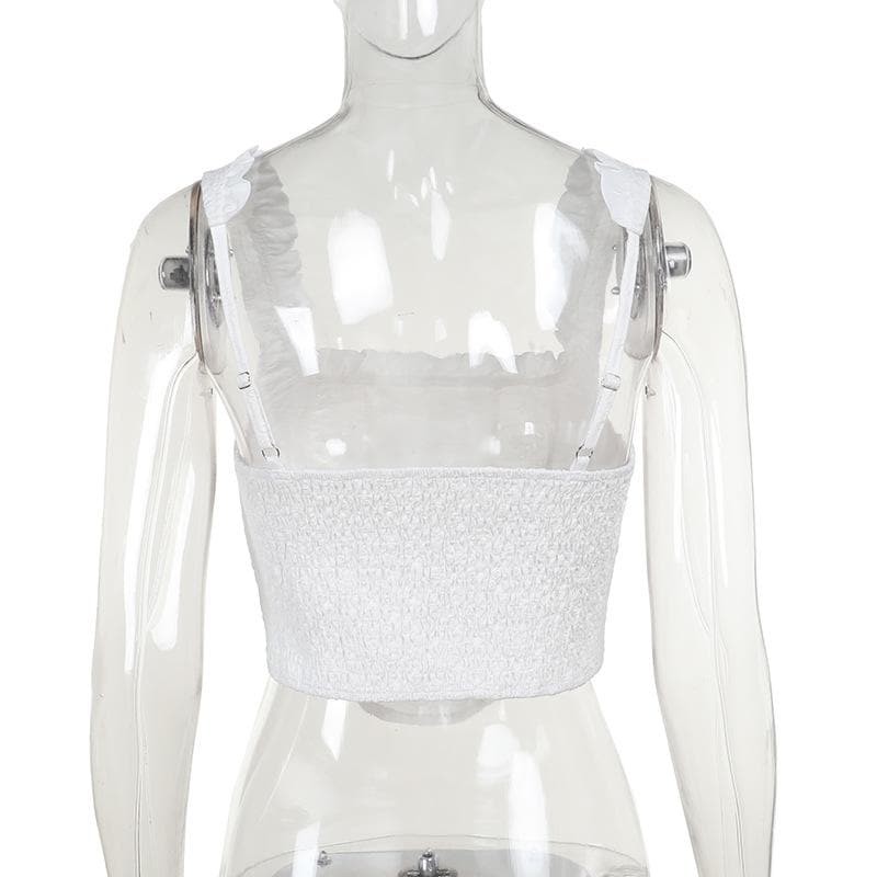 Ruched smocked textured bustier ruffle top