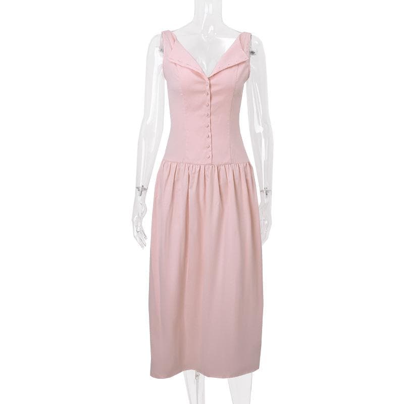 Turnover collar backless button ruched midi dress