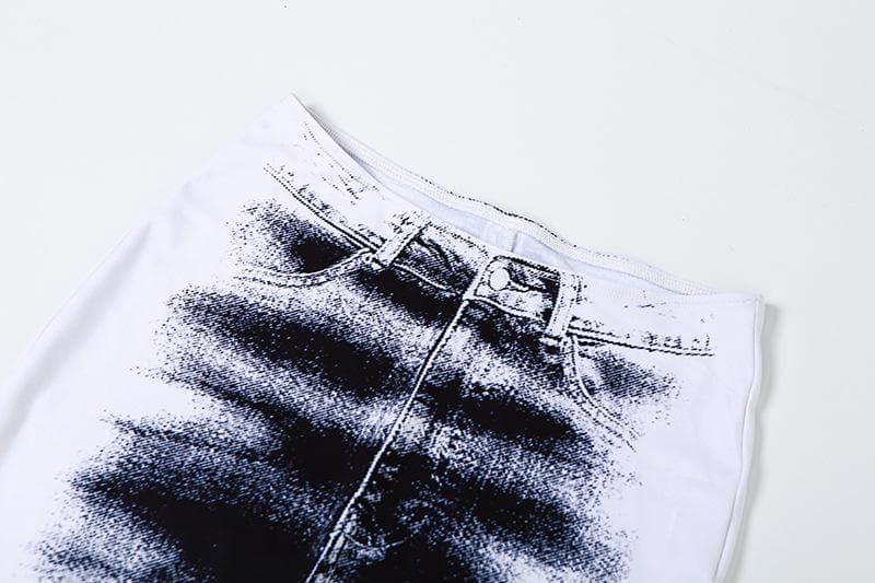 Contrast denim print slit backless tube maxi skirt set-final-sale