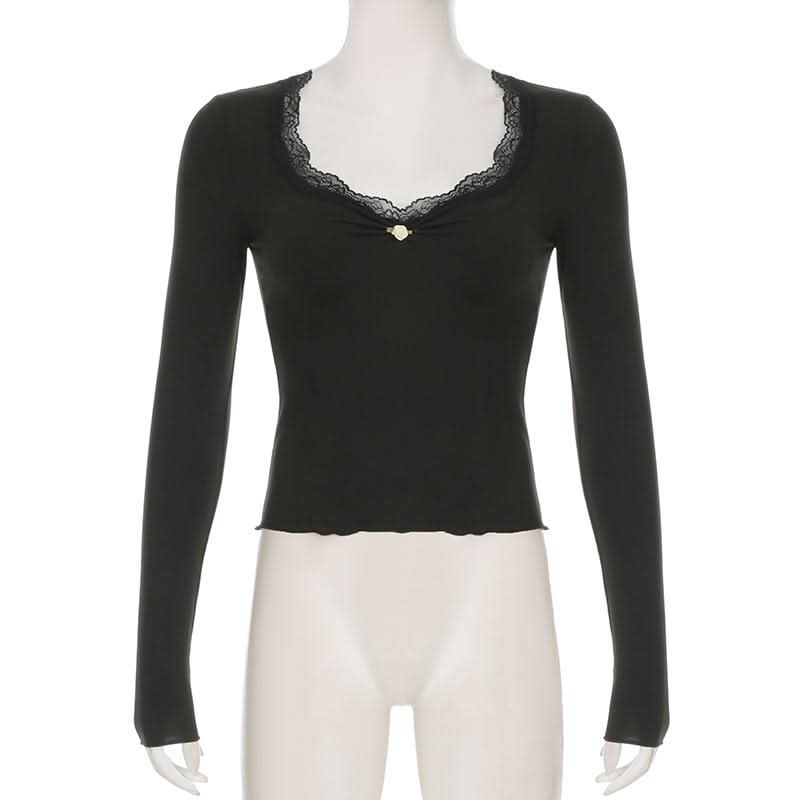V neck long sleeve lace hem flower applique top
