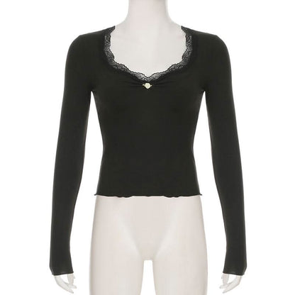 V neck long sleeve lace hem flower applique top