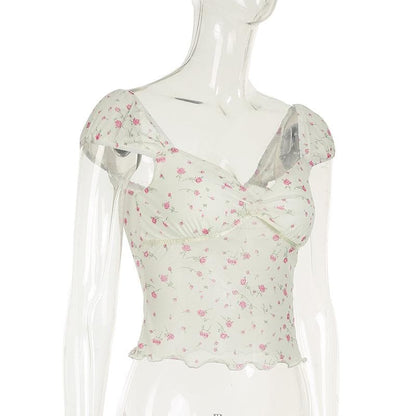 Short puff sleeve rose print lace hem ruched top