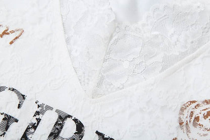 Long sleeve v neck lace print top