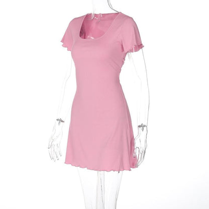 Short sleeve u neck ribbed knotted mini dress