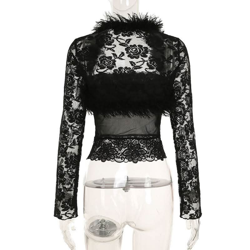 Long sleeve fluffy shrug lace tube 2 piece top