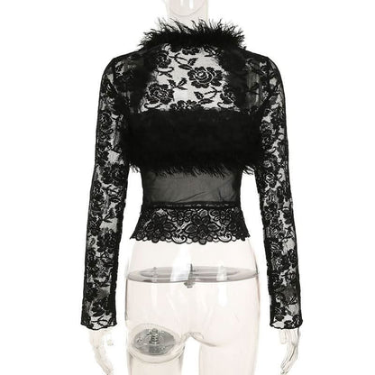 Long sleeve fluffy shrug lace tube 2 piece top