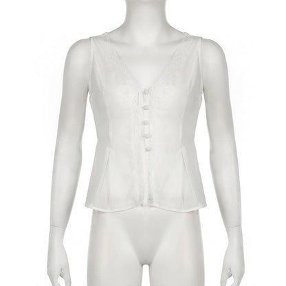 V neck button lace hem solid tank top