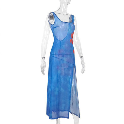 Sheer mesh flower print backless slit tank midi dress