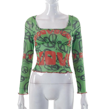 Long sleeve sheer mesh see through ruffle contrast print crop top
