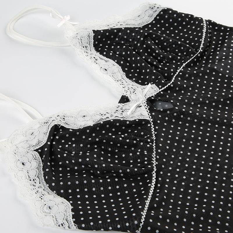 Polka dot lace hem mesh see through cami top