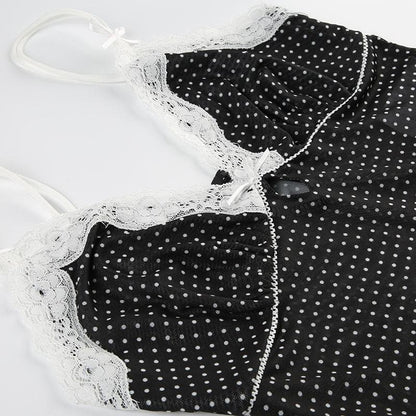 Polka dot lace hem mesh see through cami top