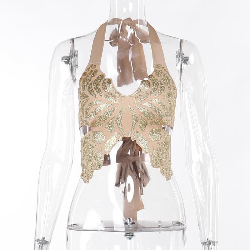 Butterfly pattern halter metallic self tie backless crop top