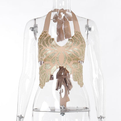 Butterfly pattern halter metallic self tie backless crop top