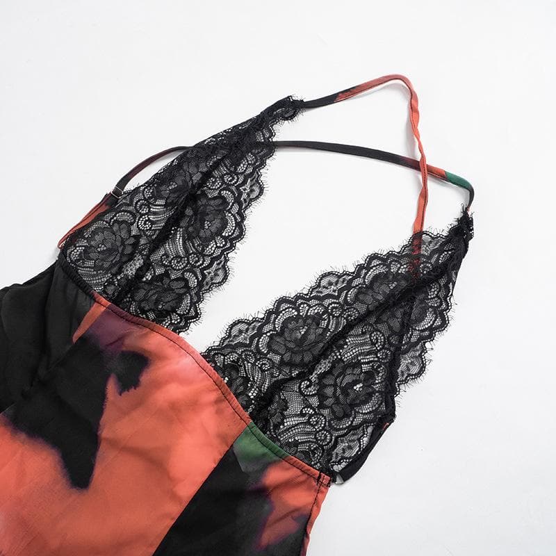 V neck lace hem backless print cami maxi dress