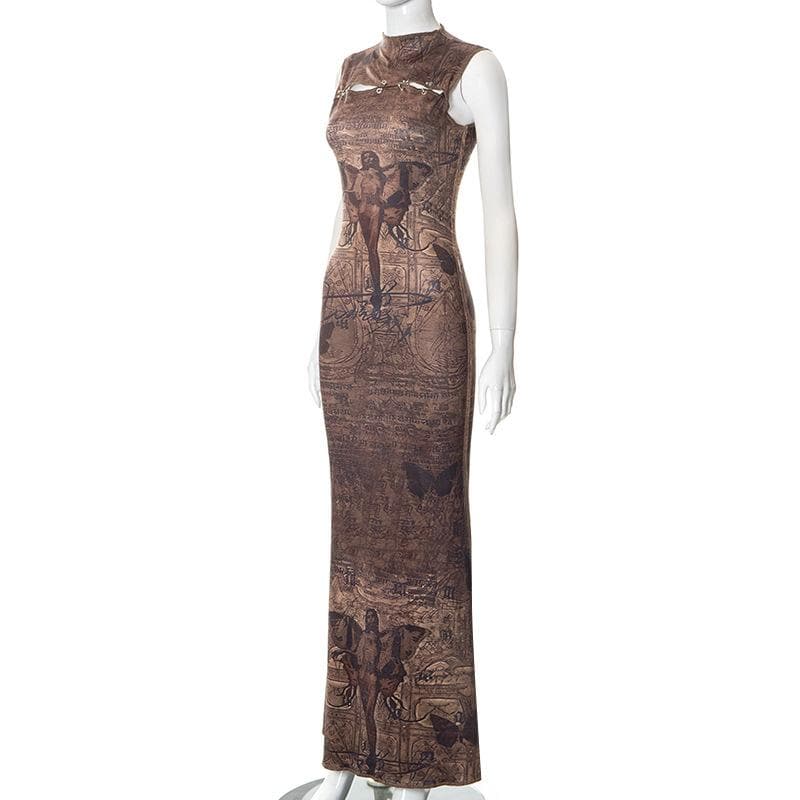 Abstract print hollow out stitch sleeveless cut out midi dress
