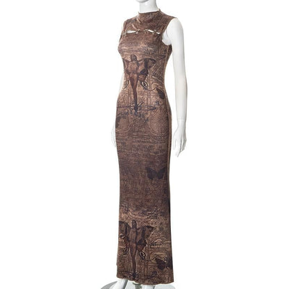 Abstract print hollow out stitch sleeveless cut out midi dress