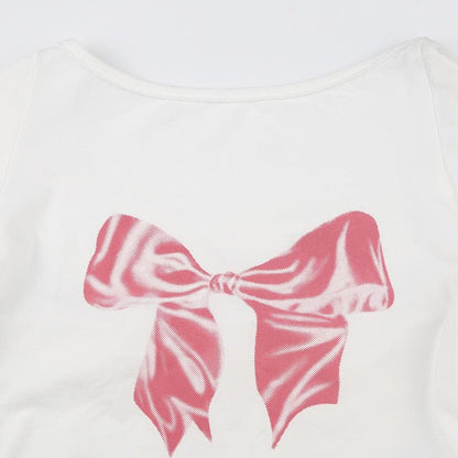 Long sleeve bowknot pattern contrast crop top