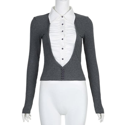 Turnover collar long sleeve button ruched contrast patchwork top