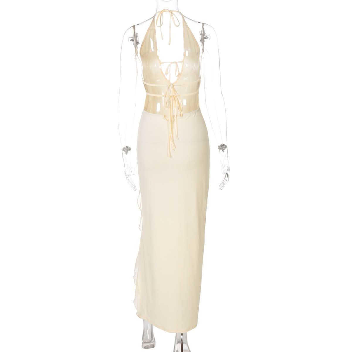 Slit halter self tie v neck ruffle solid maxi dress