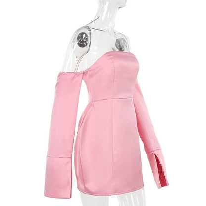 Long sleeve off shoulder ruched backless mini dress