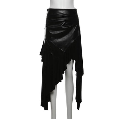 PU leather patchwork irregular midi skirt