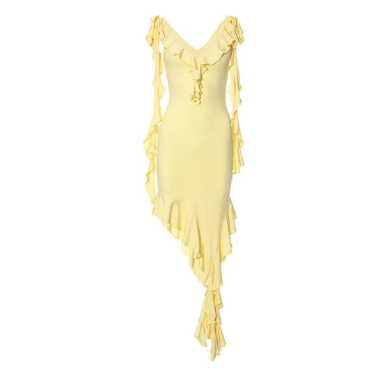 V neck ruffle solid knotted cami mini dress