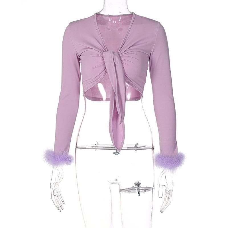 Feather knotted mesh see through long sleeve crop top