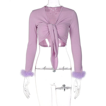 Feather knotted mesh see through long sleeve crop top