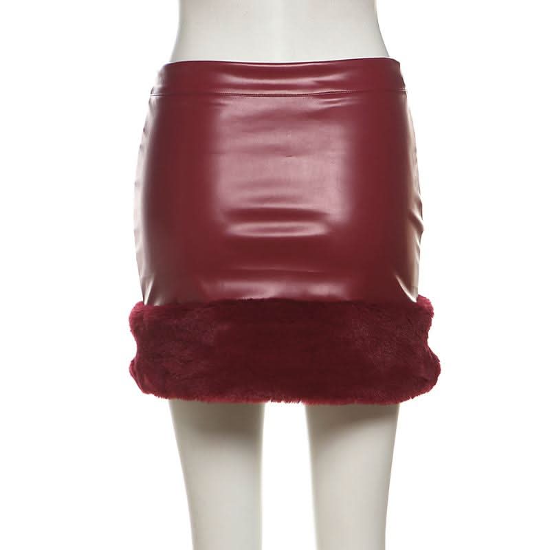 PU leather fluffy patchwork zip-up mini skirt