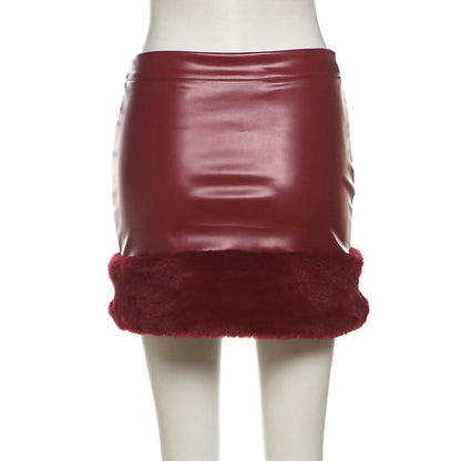 PU leather fluffy patchwork zip-up mini skirt